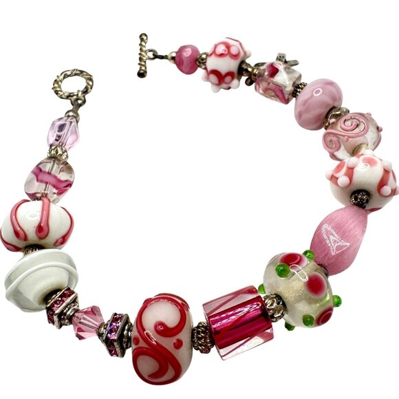 Pink & White Breast Cancer Awareness Glass Bead Bracelet Silvertone Toggle Clasp - Picture 1 of 9
